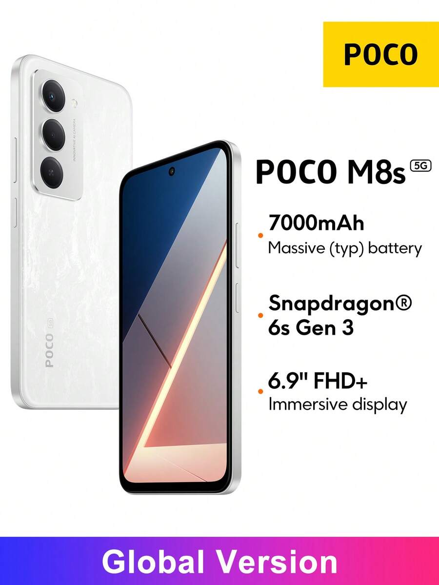 Xiaomi POCO M8s 5G NFC智能手机全球版,搭载骁龙® 6s Gen 3处理器,配备6.9英寸FHD+点阵屏,支持144Hz刷新率,5000万像素主摄像头,7000mAh(典型值)电池,支持33W快充,采用四曲面设计。 - 白色 - 查看 1