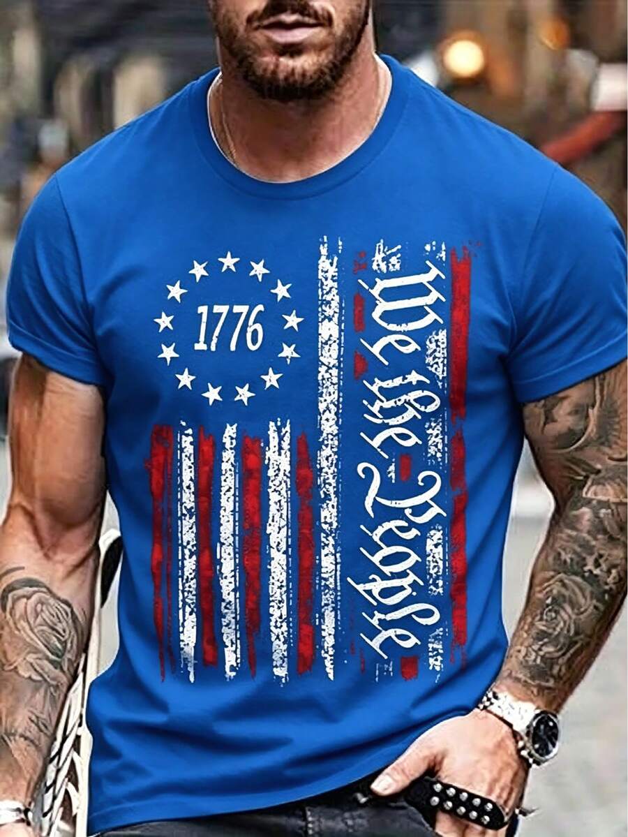 1pc Men'S Cotton Crew Neck-Shirt With Stars And Stripes We People Print, Casual All-Season Short Sleeve Tee With Slight Stretch,Regular Fit For Men Wo - 藍色 - 查看 1