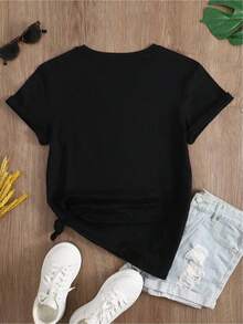 YOCASA Women's Casual Summer T-Shirt, Round Neck, Fitted, Short Sleeve, With Oil Painting Print, Floral, Heart, Cherry, And Letter Patterns. Simple Casual Fabric, Sporty Style, Ideal For Everyday Wear And Valentine's Day Dates. 1 Piece, 180g Pure Heavy, 95% Polyester 5% Spandex. - 黑色 - 查看 3