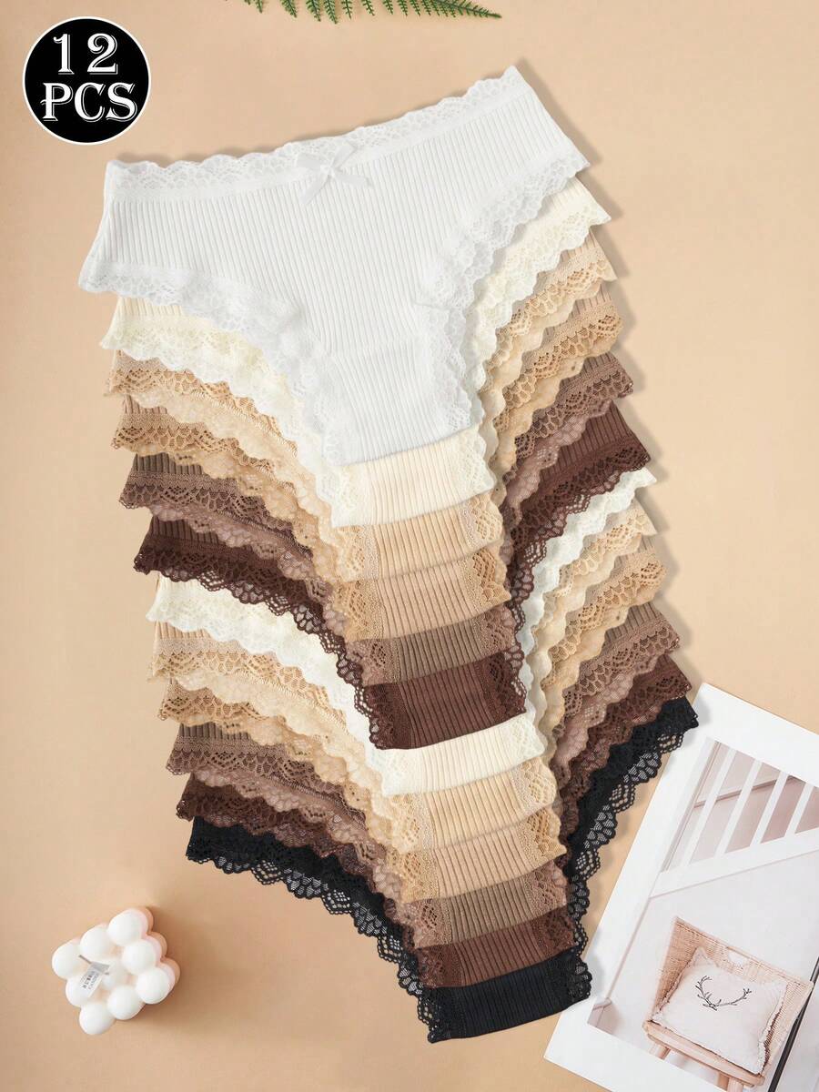 12件組女款蕾絲飾邊條紋設計舒適親膚日常內褲，附蝴蝶結裝飾，深色，日常穿著，內衣