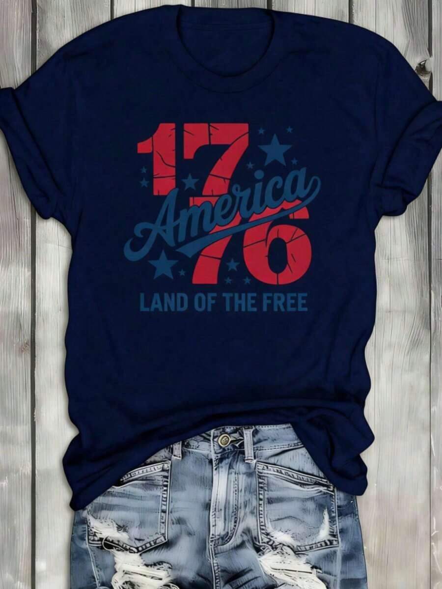 1 Women's "American Freedom 1776" T-Shirt, Crew Neck, White, Vintage Distressed Style With 1776 Graphics And Stars, Casual 4th Of July T-Shirt, Suitable For Daily Leisure Activities - 藏蓝色 - 查看 1
