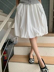 Korean Style Relaxed Fit Loose Casual White Bud Lantern Skirt - White - View 3