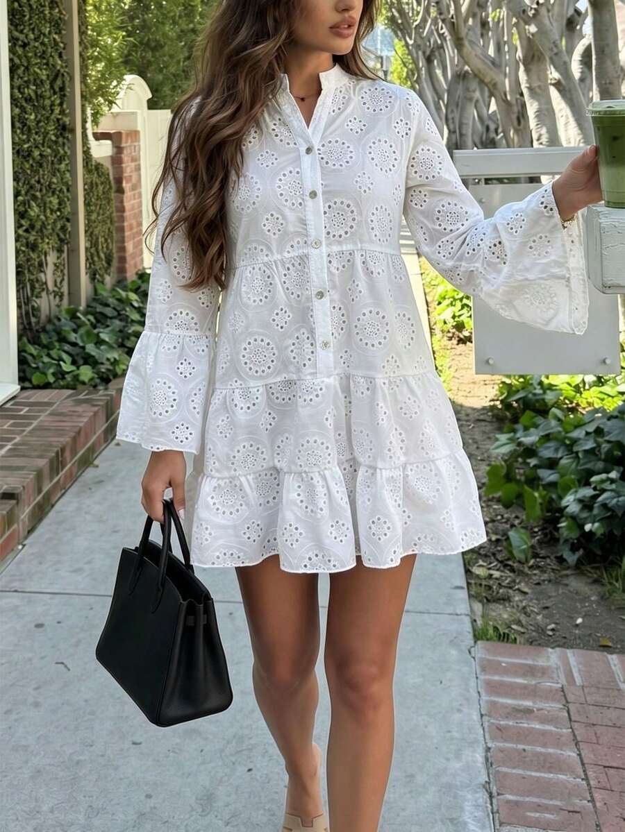 New Arrival Spring/Summer Casual White Hollow Embroidery Dress Elegant - White - View 1