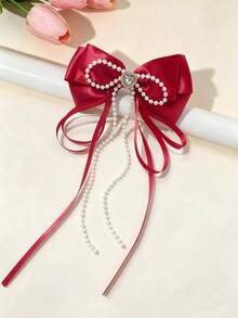 1pc Girls' Delicate Minimalist Bow Pearl Tassel Rhinestone Ribbon Spring Clip - Multicolor - View 8