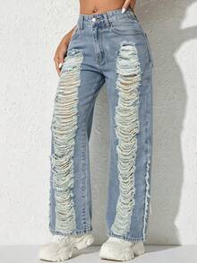 European And American Style Heavy-Duty Ripped Wide-Leg Jeans, High-Waisted, Washed, Distressed, Frayed Edges, Sexy Straight-Leg Trousers. - Blue - View 3