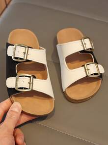 Kids Adjustable Strap Flat Slippers With Prominent Metal Buckle And Soft Cork-Textured Insole - Black and White - View 2