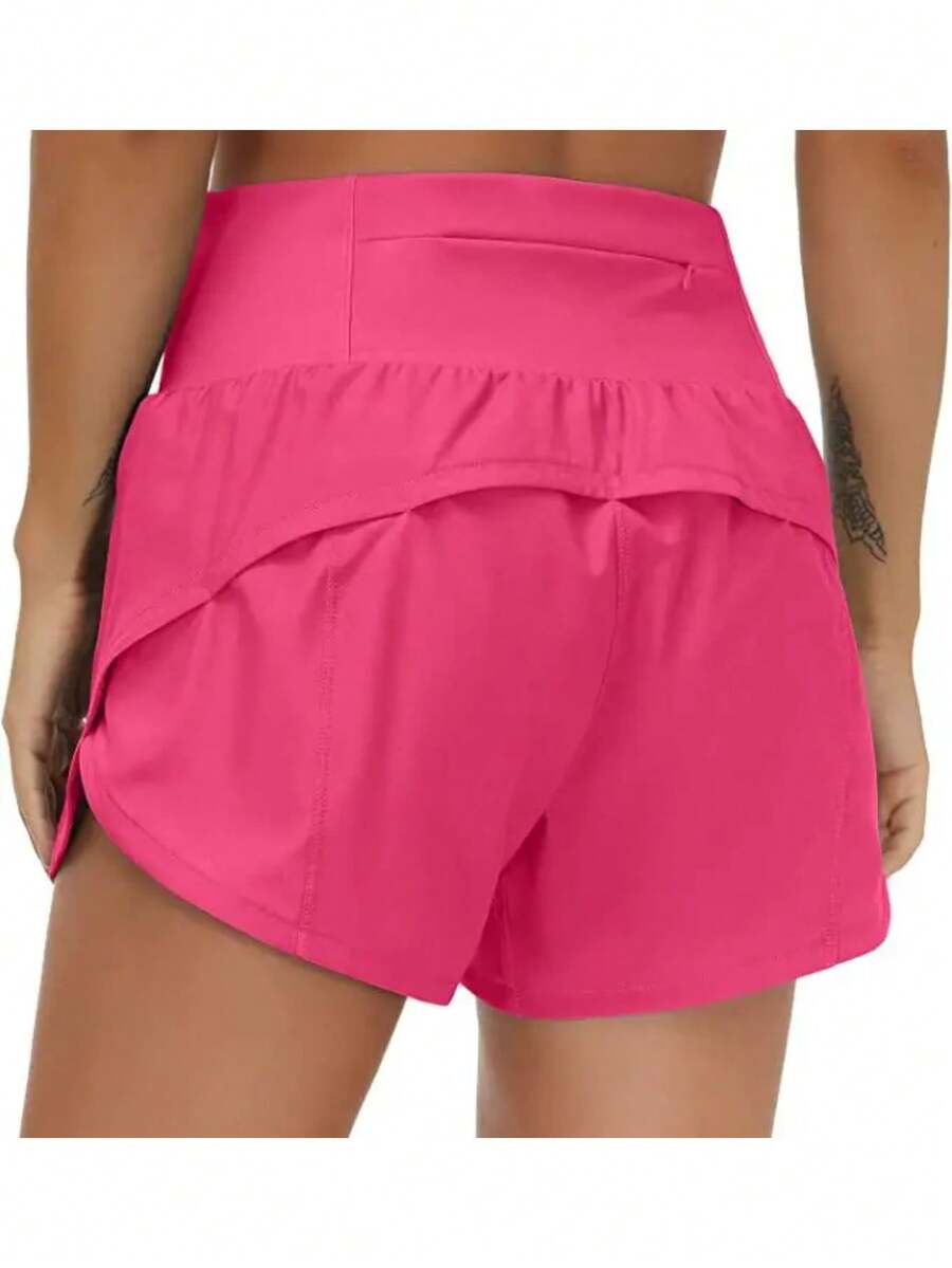 Women's Running Shorts, Two-Piece With Zippered Pockets, High Waisted Yoga Quick Drying Pants - 玫瑰 - 查看 1