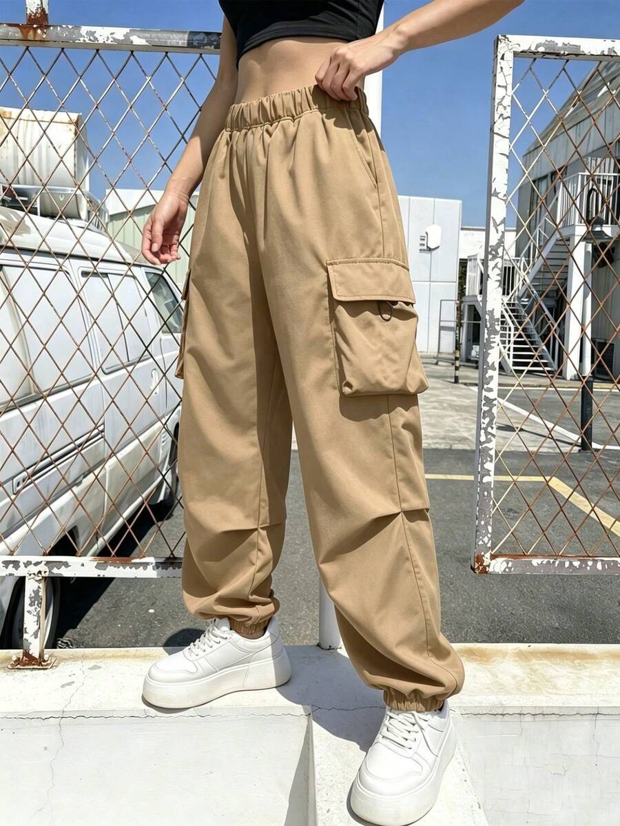 1 pieza Pantalón cargo de unicolor informal para niñas preadolescentes para uso al aire libre - Caqui - Ver 1