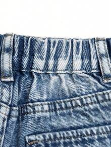 Young Boy Fashion & Vintage Style Wide Leg Light Wash Denim Cargo Shorts For 2-8 Years, Embroidered Craftsmanship, Multi-Pocket, Loose Fit, Button Fly, Half Elastic Waistband, Adjustable Waist, Denim Utility Shorts, Knee Length - Light Wash - View 10
