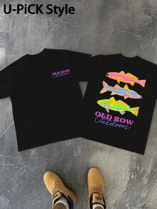 1pc 2026 Summer 100% Cotton Graphic Tee OLDROW Outdoors Colorful Fish Trio Humorous Graphic T Shirt Crew Neck All Season Casual Sports TeeFather's Day - 黑色 - 查看 1