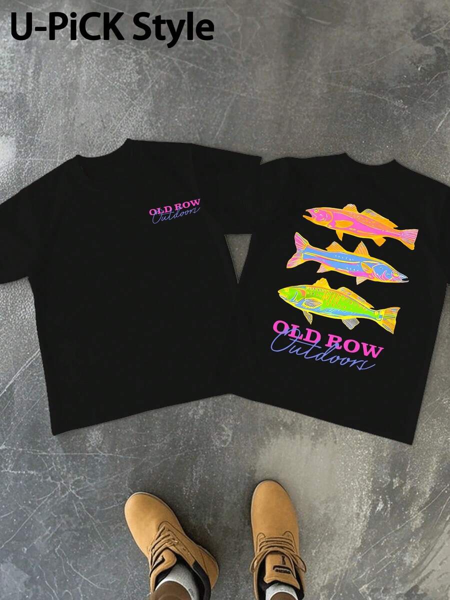 1pc 2026 Summer 100% Cotton Graphic Tee OLDROW Outdoors Colorful Fish Trio Humorous Graphic T Shirt Crew Neck All Season Casual Sports TeeFather's Day - 黑色 - 查看 1