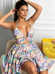 2026 Spring New Women's Clothing  European And American Cross-Border Dress Sexy Hollow Out Halter Neck V-Neck Tiered Dress - 粉色 - 查看 9