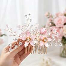 1pc Luxury Pink Pearl Crystal Rhinestone Embellished Hair Comb, Bridal Hair Accessory - Pink - View 4
