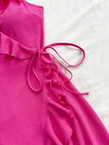 Summer Vacation Women's Leisure Rose Red Textured Fabric Waistband Ruffle Trim Wrap Knot Side A-Line  Cami Dress,Summer Dresses For Women - 玫紅色 - 查看 4
