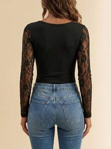 Women Black Lace Long Sleeve Square Neck Bodysuit, Stretchy Ribbed Fitted Sheer Floral Sleeve Sexy Top For Date Night, Party, Going Out & Casual Wear - Black - View 2
