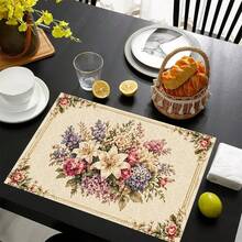 1/4/6/8/12 Pcs Floral Pattern Linen Washable Printed Table Mats, Protective Placemats For Indoor/Outdoor Dining Table, Suitable For Holiday Parties, Kitchen - Multicolor - View 3