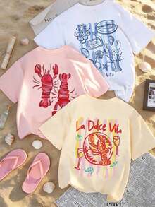 Set de 3 camisetas de manga corta con cuello redondo, de uso diario y casual, con estampado floral, simples y de moda para mujeres en verano - Blanco, rosa y albaricoque - Ver 10