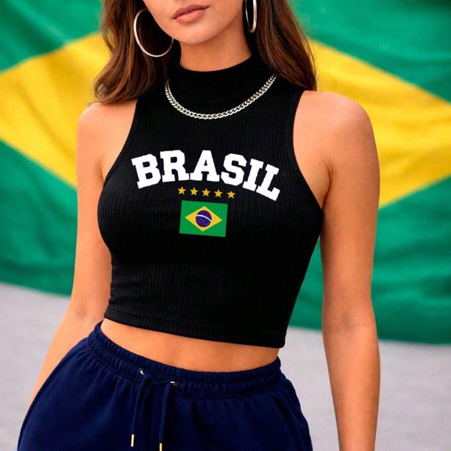 Cropped High Neck Ribbed Tank Top Sizes P To GG With "BRAZIL" Written On It Summer Fashion Women's Blouse - 黑色 - 查看 1