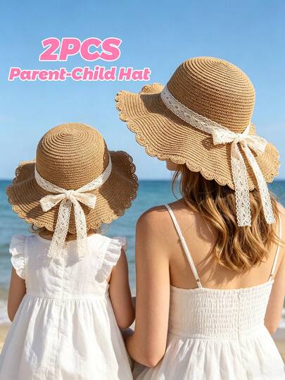 2 ชิ้น หมวกกันแดดปีกกว้างผูกโบว์สำหรับเด็กและผู้ปกครอง, 2-6Y
