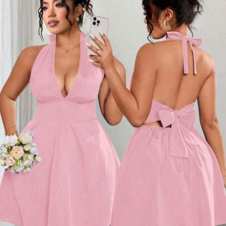 Plus Size Women's Elegant Sexy Summer Cooling Tie-Up Design Blue Dress, Halter Neck Tie, Vacation Travel, Minimalist Cooling Outfit - Rosa Pálido - Ver 1