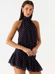 Women's Pleated Waist Sheer Mesh Ruffle Mini Dress Summer Casual Halter Neck High Neck Bodycon Short Dress Self-Tie Backless Sundress Party Clubwear - F9897-Black Dots - 查看 2