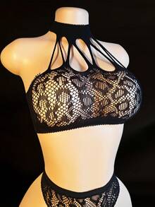 2 piezas Conjunto de lencería de encaje para mujer con portaligas - Sujetador y tanga de malla transparente con estampado de leopardo, ropa de dormir sexy - Negro - Ver 4