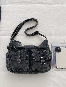 New Casual Chic Soft Jeans Multi-Layer Crossbody Bag With Multiple Pockets, Versatile Commuter Large Capacity Women's Shoulder Bag, Suitable For Work Commuting, Shopping And Traveling. - Black - View 9