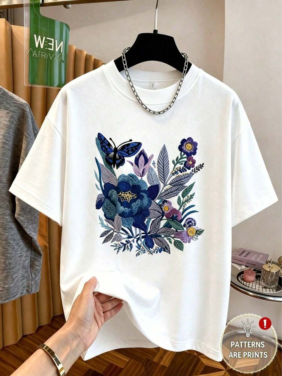 Faux Embroidery Women's T-Shirt, Loose Dropped Shoulder Round Neck Tee, Minimalist Elegant Printed Top, Casual Daily Dating Outfit for Ladies - Blanco - Ver 1