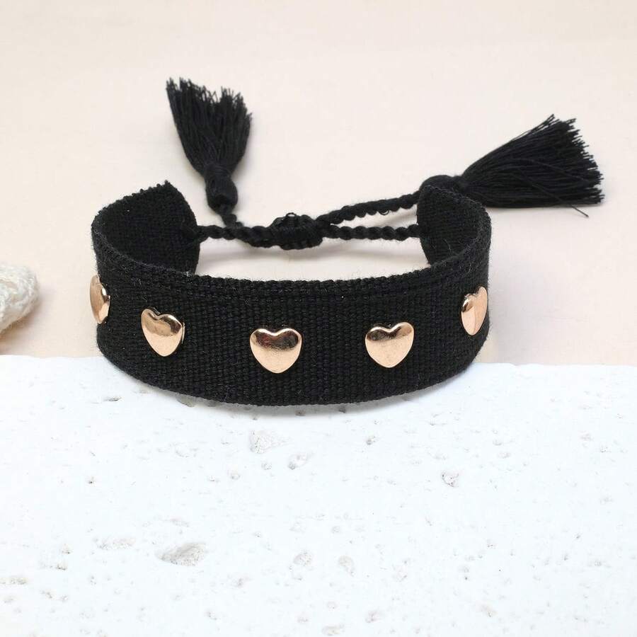 1pc Rivet Heart Bohemian Bracelet - Black - View 1