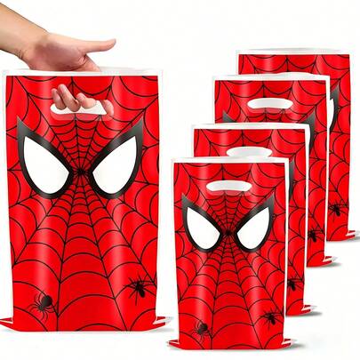  1set/10pcs Spider Man Themed Party Gift Bag, Superhero Plastic Gift Bag With Hollowed Out Handle, Red Web And Mask Design, Perfect For Birthday Parties, Gifting And Themed Celebrations, Perfect For Marvel Fans And Party Planners