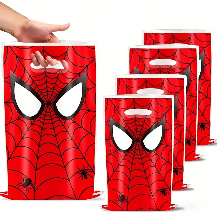 Marvel 1套/10个蜘蛛侠主题派对礼品袋，超级英雄塑料礼品袋，带镂空提手，红色蛛网和面具图案，非常适合生日派对、送礼和主题庆祝活动，漫威粉丝和派对策划者的理想之选。 - 彩色 - 查看 1