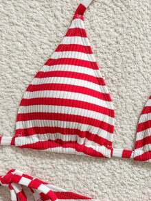 Costavie Nuevo conjunto de traje de baño de 3 piezas para mujer con estampado de lunares, parte superior de triángulo micro con lazos laterales y Bottom fruncida para vacaciones de verano, fiestas y tardes de té. Conjunto de 2 piezas a rayas rojas y blancas para vacaciones. Conjunto de bikini a rayas. Conjunto de 2 piezas a rayas para la playa. - Rojo y blanco - Ver 5