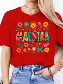 NuevoVeranoCasual |   1 Playera para Mujer 100% Algodón Transpirable |   Camiseta Gráfica Vibrante "Maestra" para Mujeres - Diseño Floral y Sol Colorido, Top Casual de Manga Corta y Cuello Redondo para Primavera/Verano, Púrpura Claro con Letras Azules, Perfecta para Maestros o Educadores, Ropa Casual |   Diseño Juguetón |   Tela de elasticidad media, - Ideal para el verano - Camiseta unisex de algodón holgada de manga corta y cuello redondo estilo vintage urbano - Rojo - Ver 6
