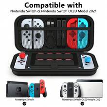 Switch 與新 Switch OLED 主機便攜式硬殼保護收納攜帶包 - 黑色，旅行保護殼包附配件與遊戲收納口袋 - 查看 4