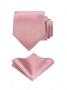 Men's Solid Color Necktie Set, Includes 8cm Necktie, Pocket Square, Cufflinks, Suitable For Business, Formal Occasions, Weddings And Parties - Dusty Pink - View 2