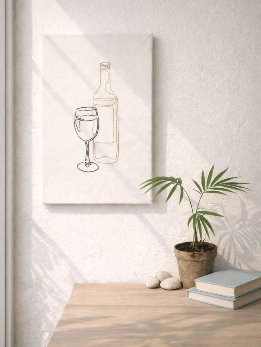 Cuadro decorativo minimalista lienzo ilustración botella vino copa arte lineal moderno tonos neutros estilo nórdico decoración pared sala comedor cocina estética elegante canvas wall art diseño simple contemporáneo ambiente sofisticado hogar oficina pieza artística versátil regalo decoración interior - vino - Ver 1
