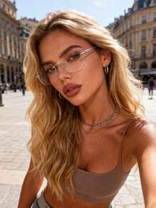 1pc Copper Geometric Rimless Glasses, Minimalist Fashion Style, Transparent Lenses, Women's Daily Office Vacation Student Weekend Outing Fashion Accessory - Clear - View 4