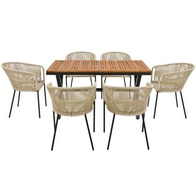 7-Piece Garden Dining Set, Rope Garden Lounge Set, 6 Armchairs And 1 Table, Acacia Wood Table, With Leg Cushions And Six Seat Cushions, Removable And Washable.