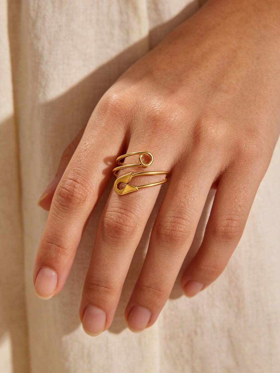 Minimalist Two Tone Paper Clip Double Layer Hollow Ring Stainless Steel Geometric Stackable Ring Women's Accessories Part - Yellow Gold - View 1