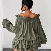 Maweii Plus Size Elegant Solid Color Off-Shoulder Ruffle Hem Dress - Verde militar - Ver 6