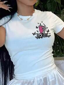 Camiseta de Mujer con Estampado de Calaveras - Una Camiseta Vanguardista de Cuello Redondo con Estampado de Mariposas y Estrellas, con el Eslógan "Expensive Talks Back", una Camiseta Casual de Manga Corta Transpirable para Primavera y Verano, una Camiseta Gráfica Elegante con un Ajuste Cómodo. - Blanco - Ver 3