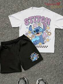 Disney Lilo & Stitch Floral Y2K Summer 2-Piece Outfit, Unisex T-Shirt & Shorts Set - White - View 1