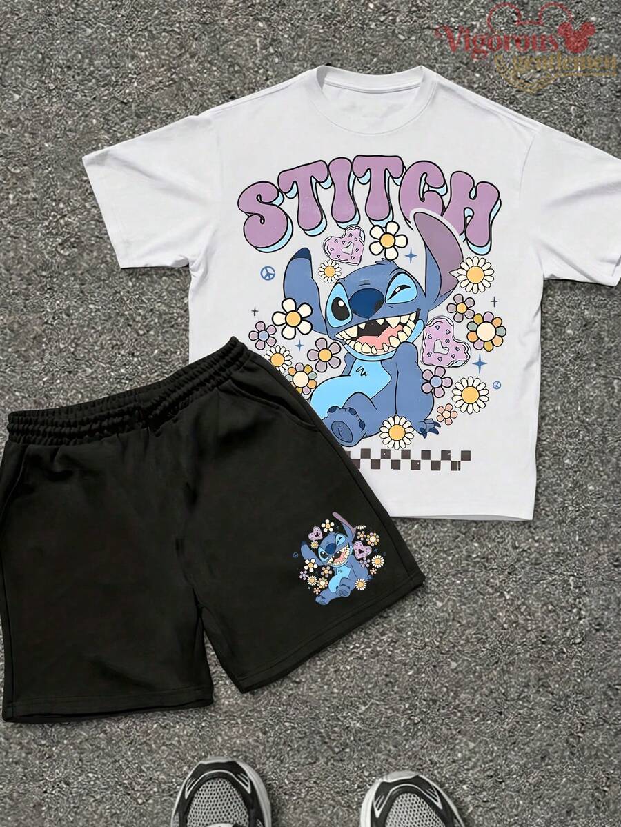 Disney Lilo & Stitch Floral Y2K Summer 2-Piece Outfit, Unisex T-Shirt & Shorts Set - White - View 1