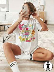 1 pieza de camiseta con estampado gráfico floral boho para profesoras, manga corta, cuello redondo, top casual para verano y primavera, ropa de mujer, 180g, 100% algodón. - Blanco - Ver 7