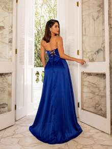 Long Strapless Formal Dress With Structured Draping And High Slit | Bridesmaid, Graduation, Wedding, Elegant Wedding Party Guest - Xanh đậm - Xem 3
