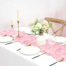 1pc Pink Cheesecloth Tablecloth, 35 X 120 Inches / 90 X 300 Cm, 35 X 70 Inches / 90 X 180 Cm, 35 X 157 Inches / 90 X 400 Cm Bohemian Ruched Sheer Romantic Fabric Decor, Tablecloth Suitable For Weddings, Bridal Showers, Birthday Parties - Pink - View 4