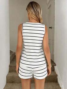 Conjunto casual a rayas para mujer, conjunto de top sin mangas y shorts holgados, tejido elástico cómodo, estilo fresco y versátil, ideal para primavera-verano, uso diario, compras y actividades relajadas - Multicolor - Ver 8