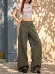 YEAE | Green Vintage Washed Distressed Loose Straight Leg Jeans For Men & Women Casual Fall - Dark Green - View 5