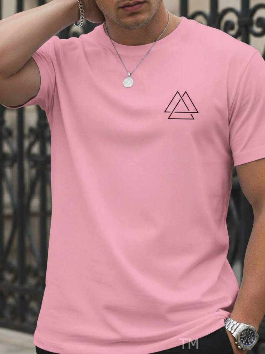 Stylish Basic Short-Sleeve Men's T-Shirt With Triangle Street Print, Breathable Fabric - Rosa - View 1