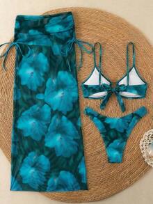 X1SI Nuevo conjunto de traje de baño de 3 piezas con vestido de cubierta de malla de accesorio de metal con estampado floral y tirantes delgados, adecuado para la playa, fiesta en la piscina, vacaciones de verano - Celeste - Ver 11